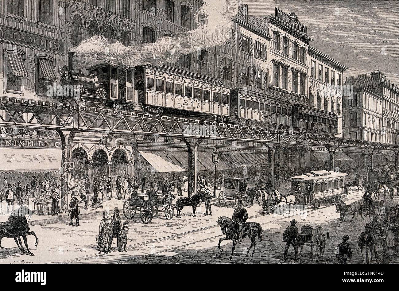 Ein Dampfzug fährt auf einer Strecke entlang des Bürgersteiges über dem Niveau der Geschäfte in New York; Kutschen und Pferdewagen sind auf der Straße. Holzstich von J.R. Braun. Stockfoto