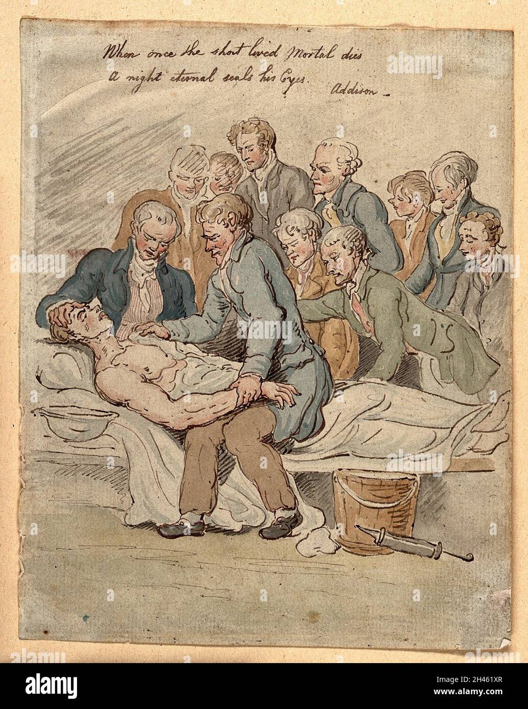 Eine Gruppe von Ärzten und Medizinstudenten umringt einen sterbenden Patienten. Aquarell, das T. Rowlandson zugeschrieben wird. Stockfoto