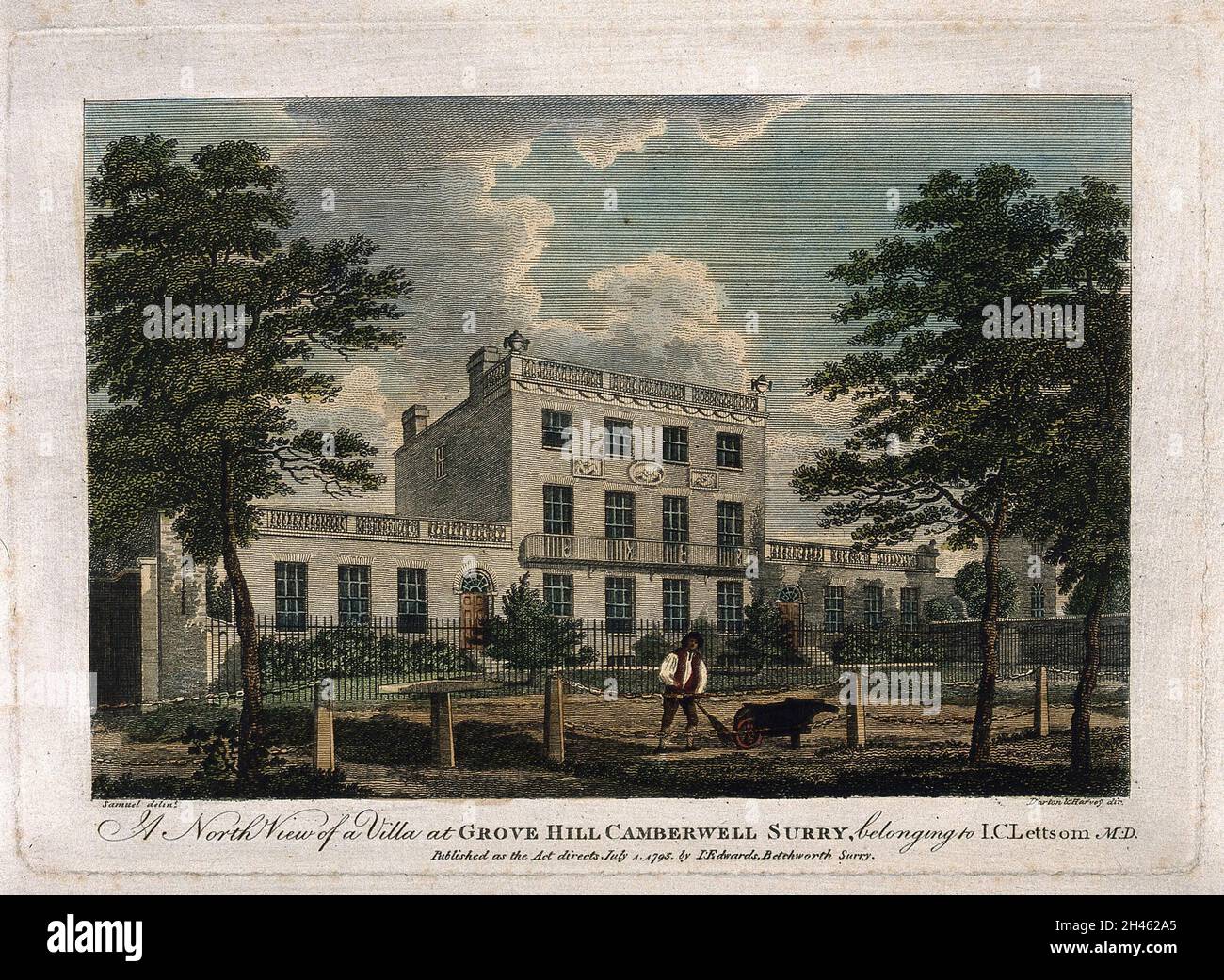 John Coakley Lettsoms Haus: nordansicht von Grove Hill, Camberwell, Surrey. Farbstich von Darton und Harvey, nach G. Samuel, 1795. Stockfoto