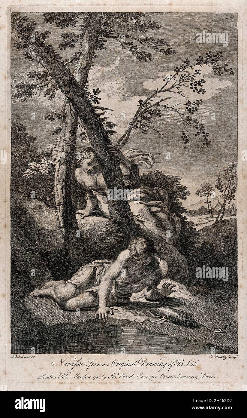 Narcissus und Echo. Stich von F. Bartolozzi, 1791, nach B. Luti. Stockfoto