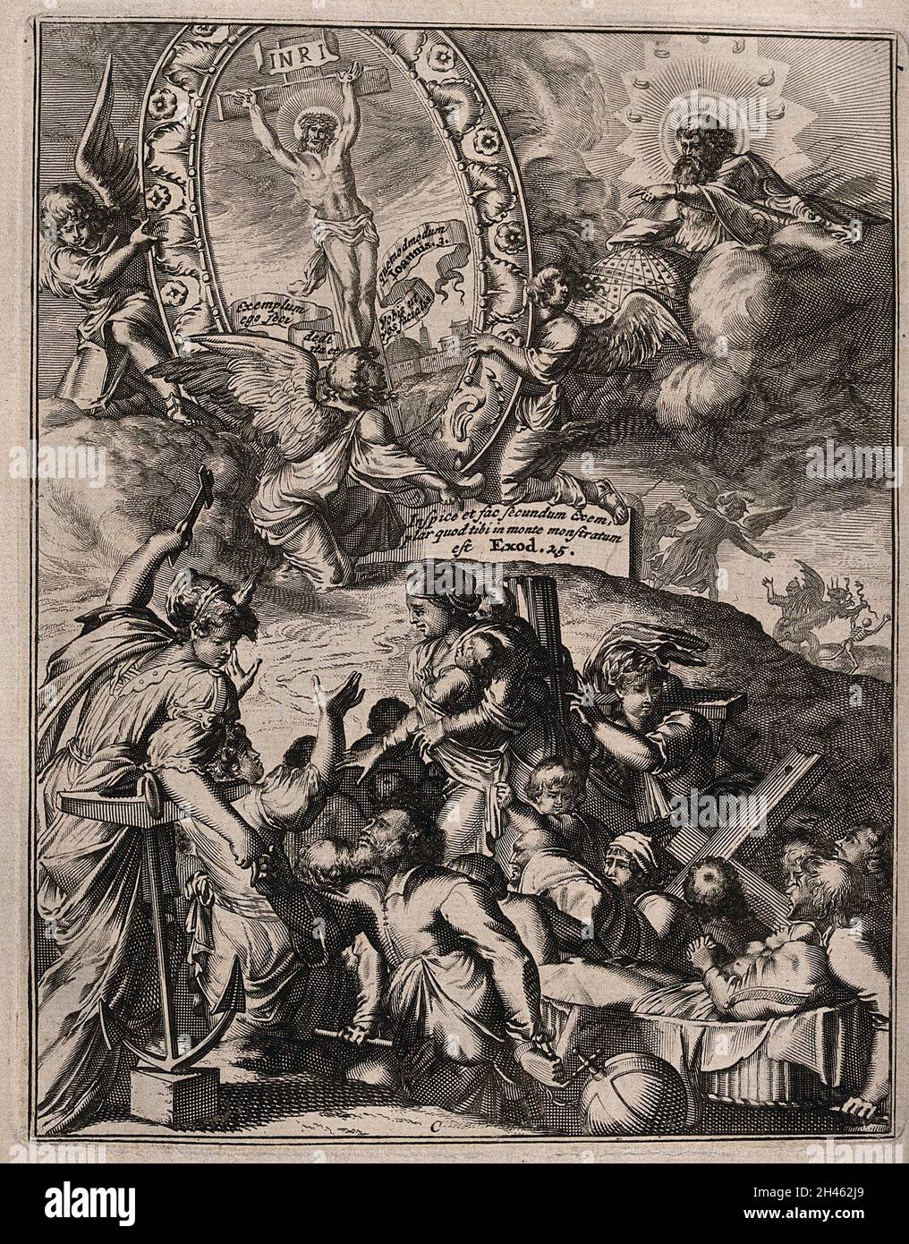 Eine sterbende Frau ist von allegorischen Figuren umgeben, die auf ein Bild der Kreuzigung hinweisen. Ätzen. Stockfoto