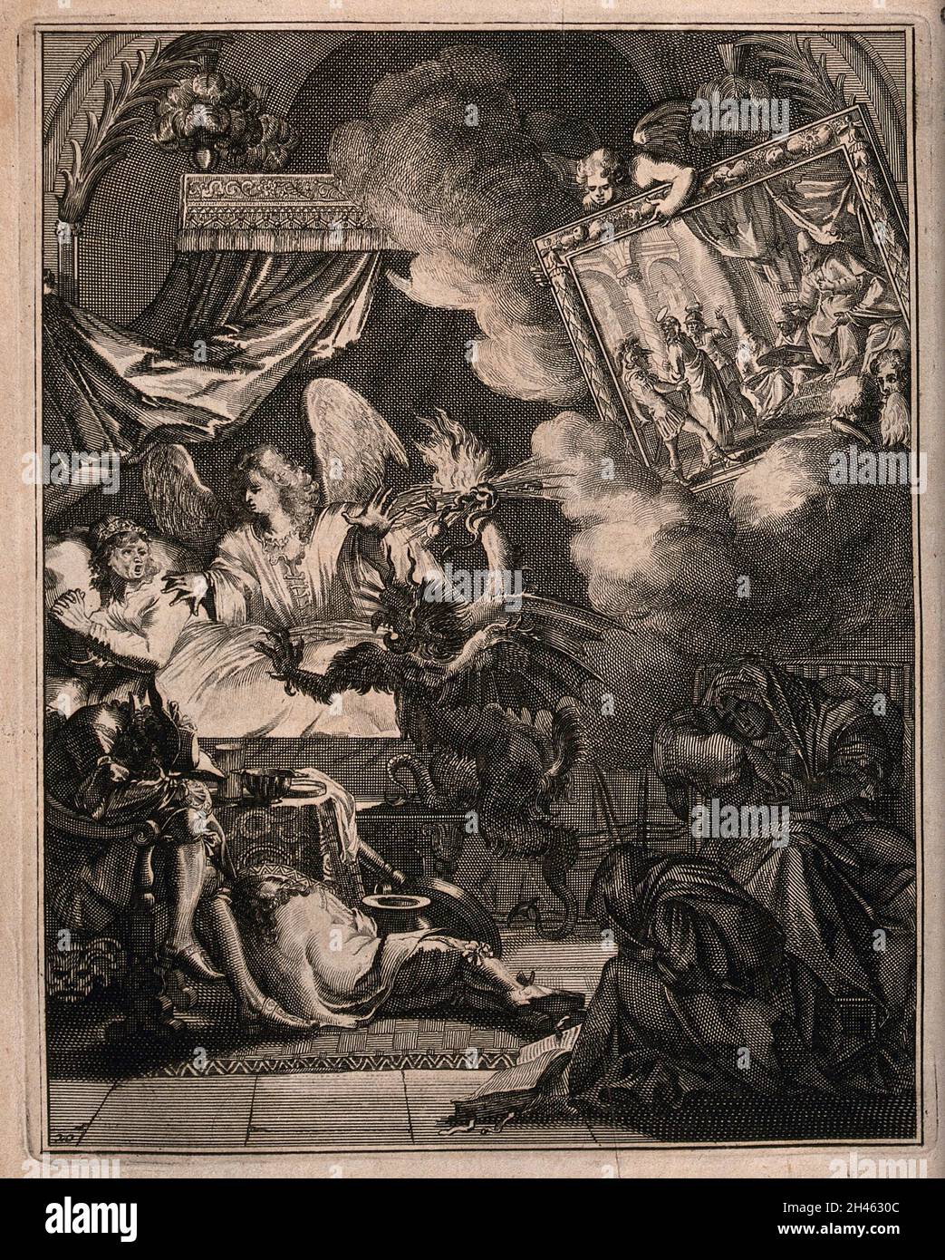 Ein sterbender Mann betet, um vor dem Dämon gerettet zu werden, der sich seinem Bett nähert. Ätzen. Stockfoto