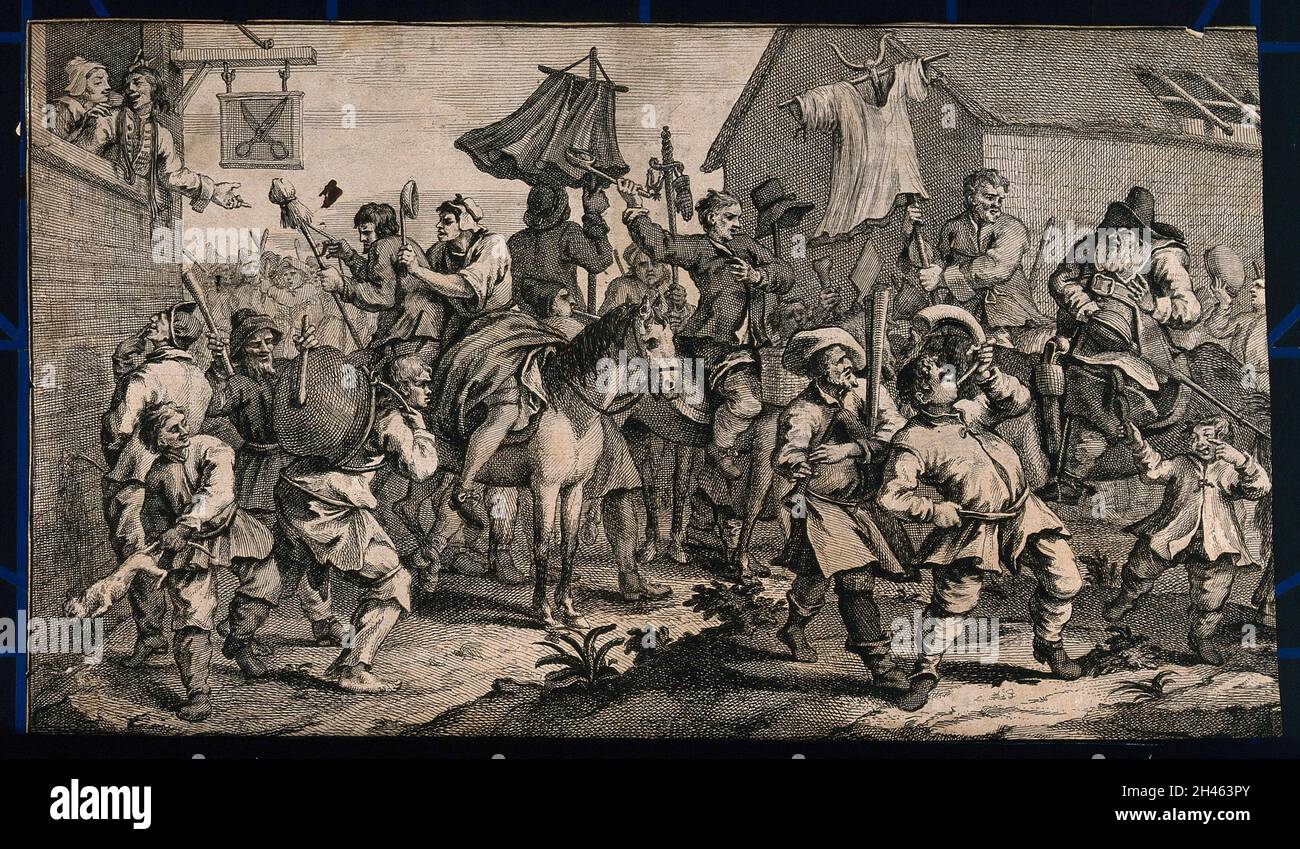 Ein Skimmington oder charivari: Menschen machen Lärm und sind gewalttätig auf der Straße als eine Form der rauhen Gerechtigkeit, die von Frauen gegen Männer ausgeübt wird; rechts tritt Hudibras zu Pferd ein und wird von einem Ei in die Augen geschlagen. Radierung von W. Hogarth, 1726. Stockfoto