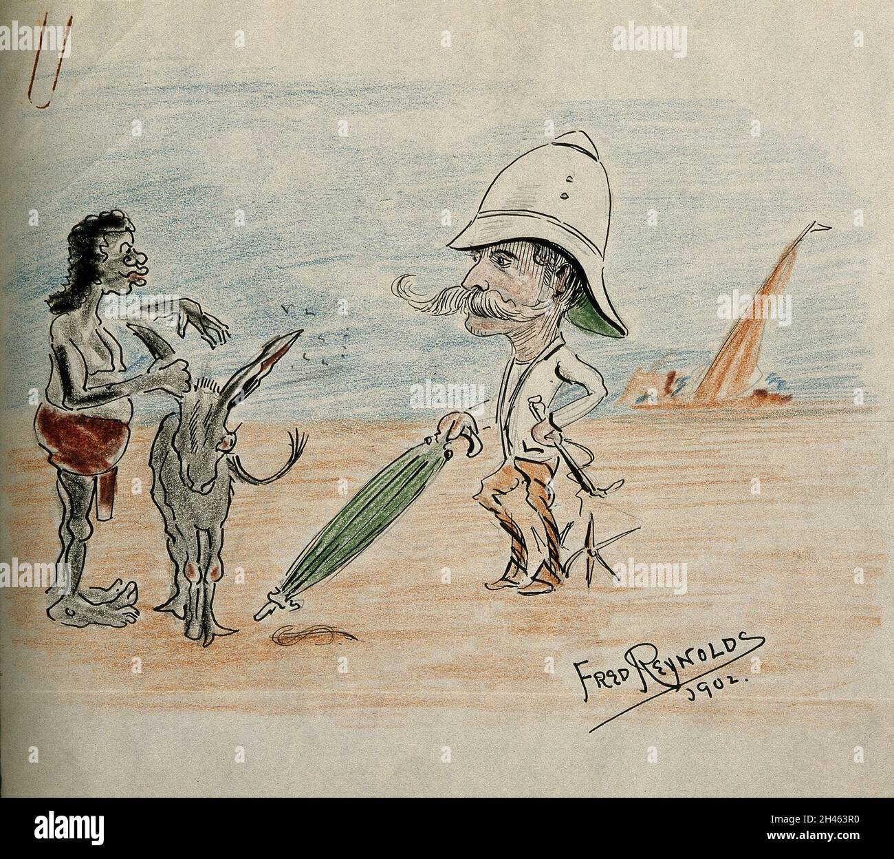 Henry Solomon Wellcome. Federzeichnung und Farbstift von F. Reynolds, 1902. Stockfoto