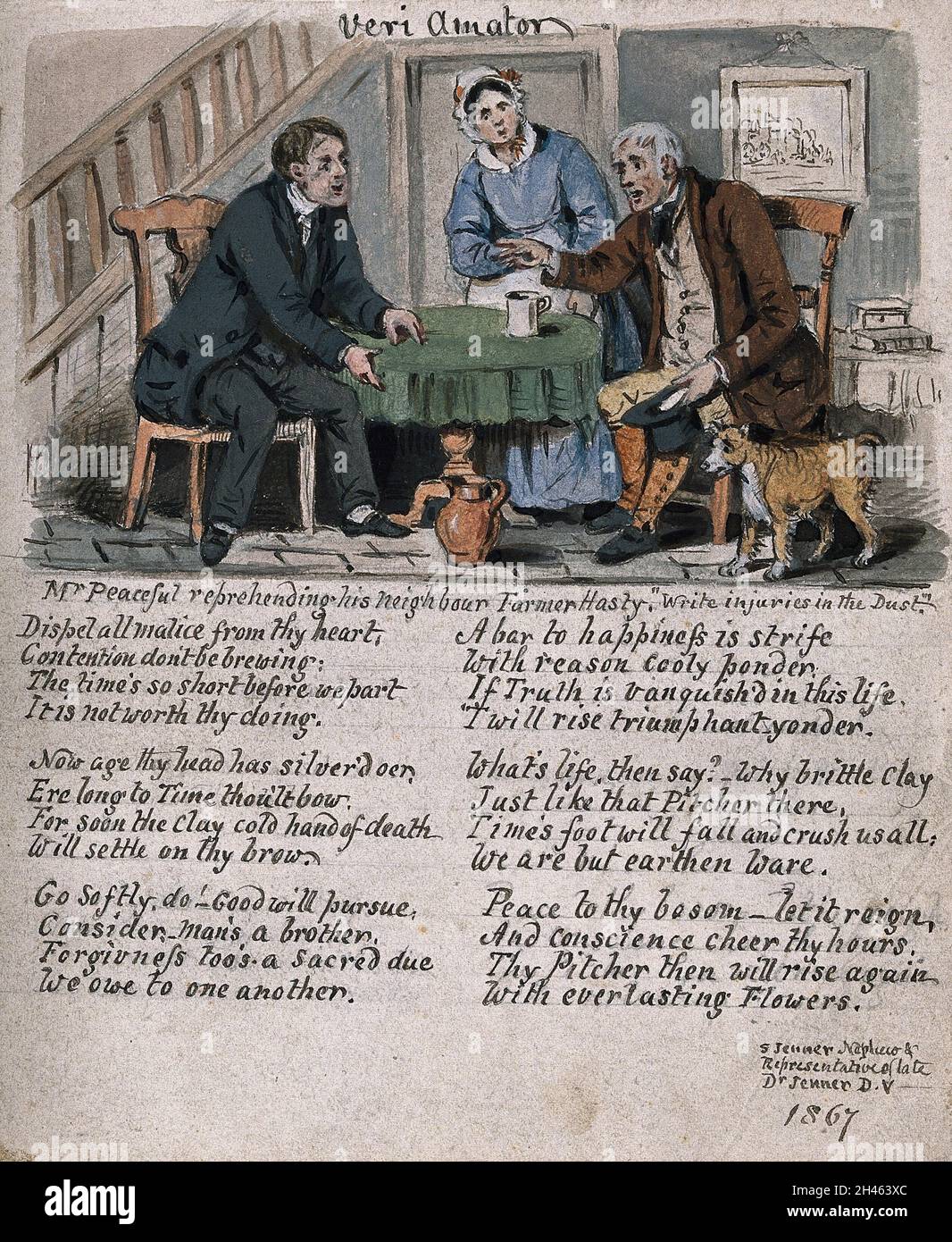 Ein Bauer, der sich schnell beleidigt, und sein Nachbar, der versucht, ihn  zu beruhigen; eine Frau und ein Hund neben ihnen. Aquarell von S. Jenner,  1867 Stockfotografie - Alamy