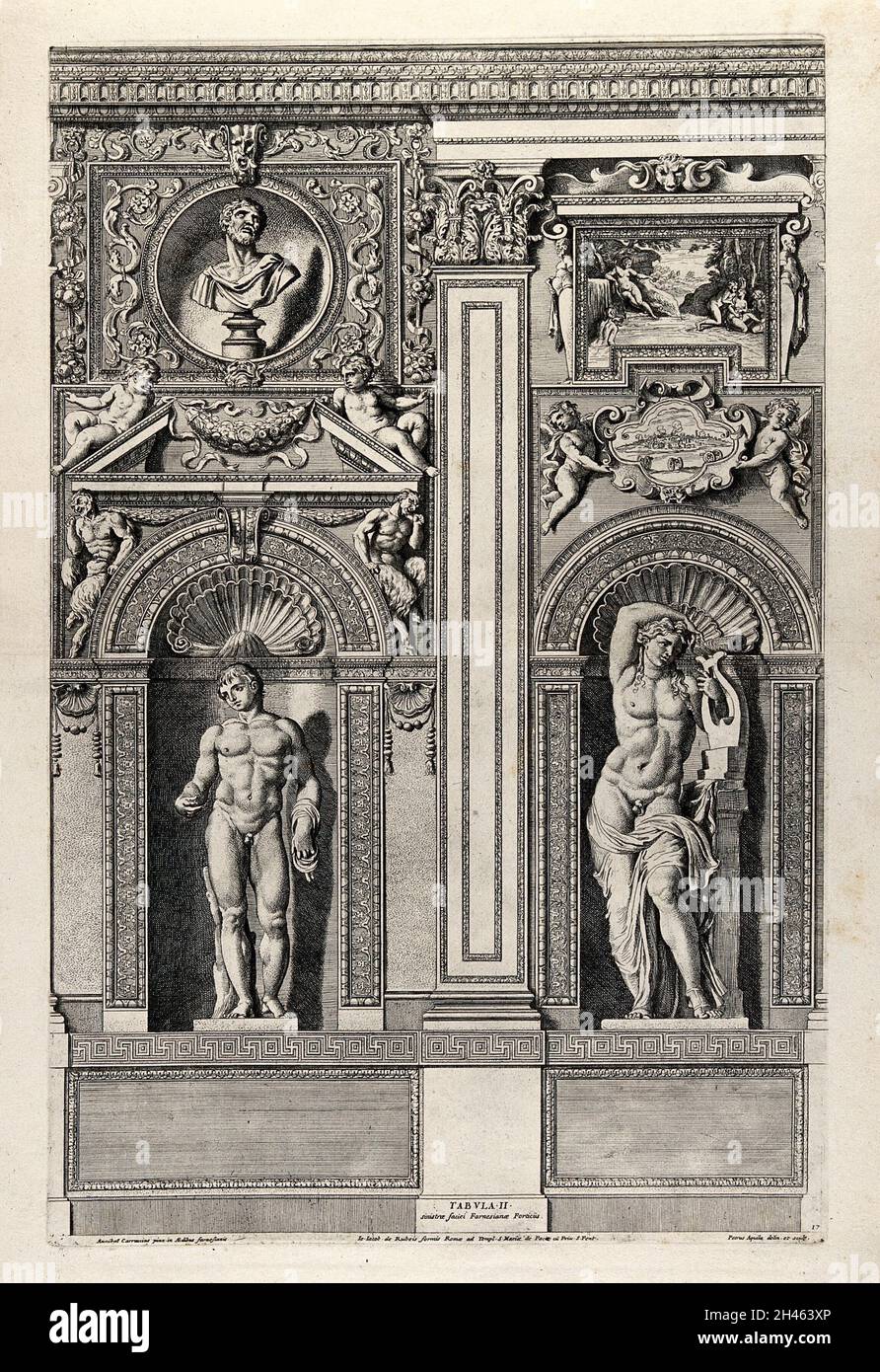 Palazzo Farnese, Rom: Eine Wand der Galerie. Radierung von P. Aquila nach Annibale Carracci. Stockfoto