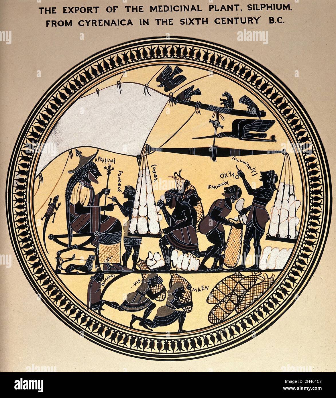 König Arcesilas von Cyrenaica beaufsichtigt die Verpackung von Silphium (der Haupteinnahmequelle des Landes) in Schiffe für den Export. Gouache Gemälde nach einem Spartan cylix, c. 580-550 V. CHR. Stockfoto