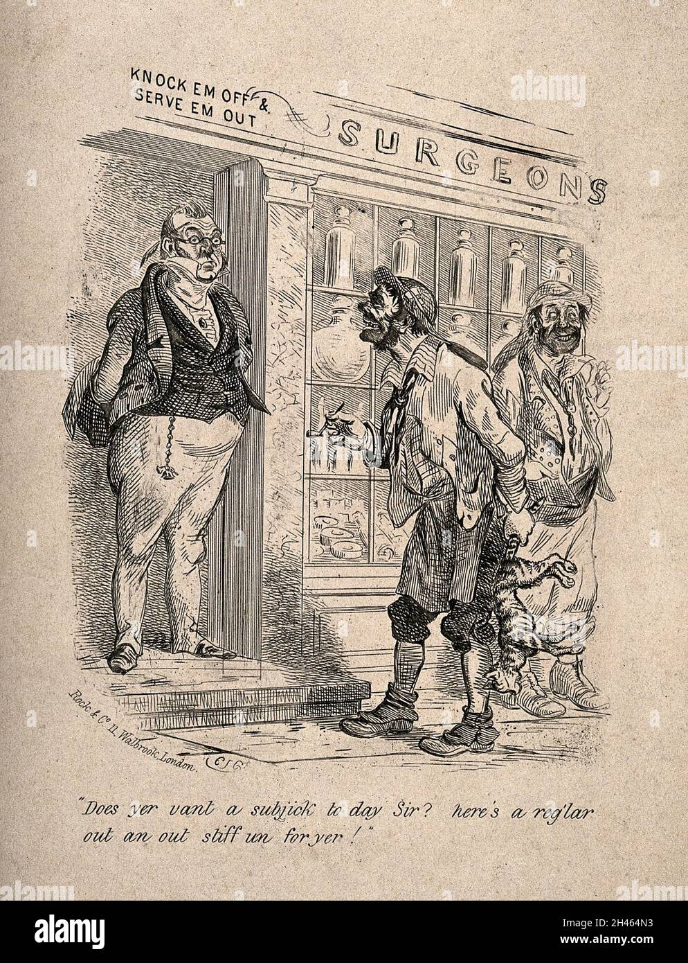 Ein gnadenvoller Chirurg, der vor seinem Geschäft steht, nähert sich ihm zwei Tramps mit einer toten Katze. Radierung von C.S.G. Stockfoto