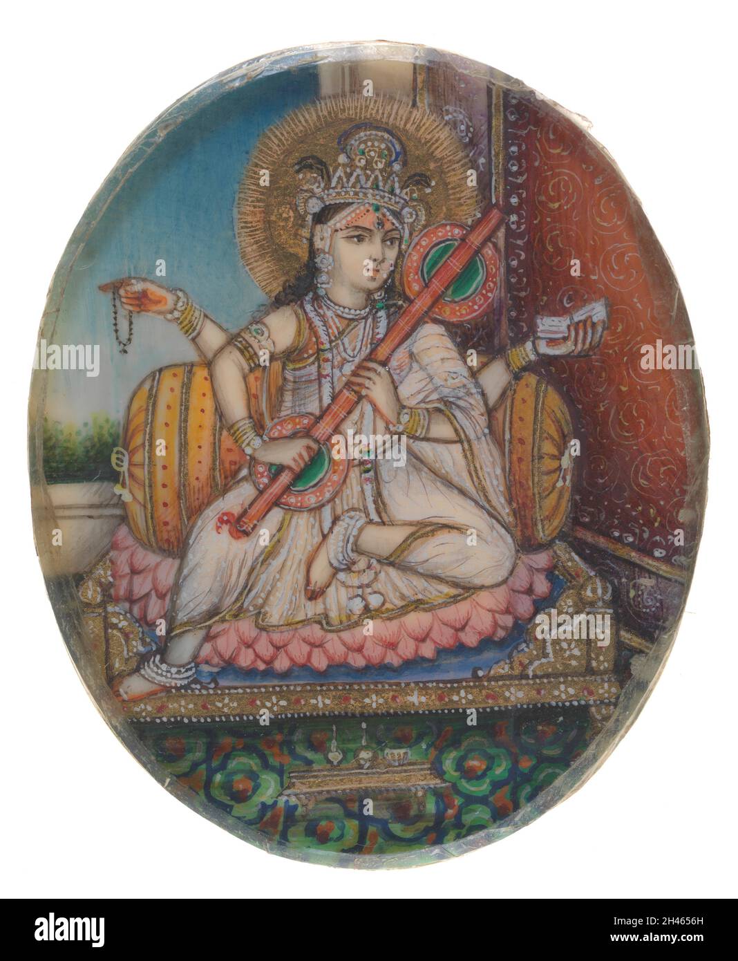 Die Hindu-Göttin des Lernens und Wissens und die Frau Brahma. Gouache-Gemälde eines indischen Künstlers. Stockfoto