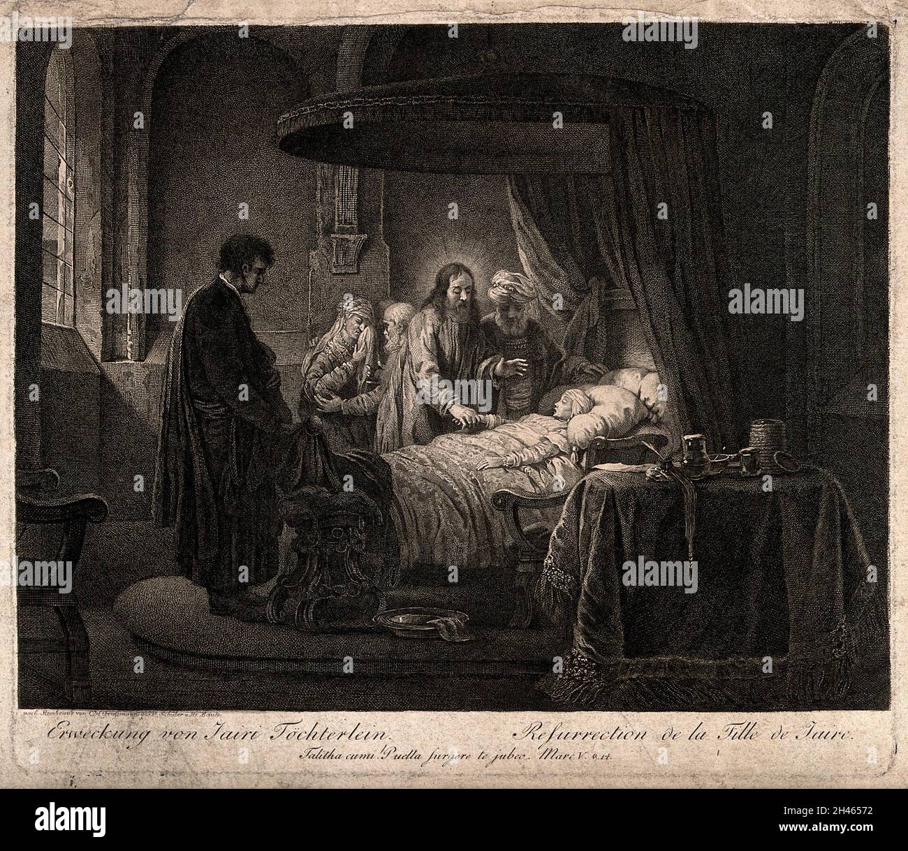 Christus erhebt Jairus' Tochter. Radierung von C.W. Griessmann nach G. van den Eeckhout. Stockfoto