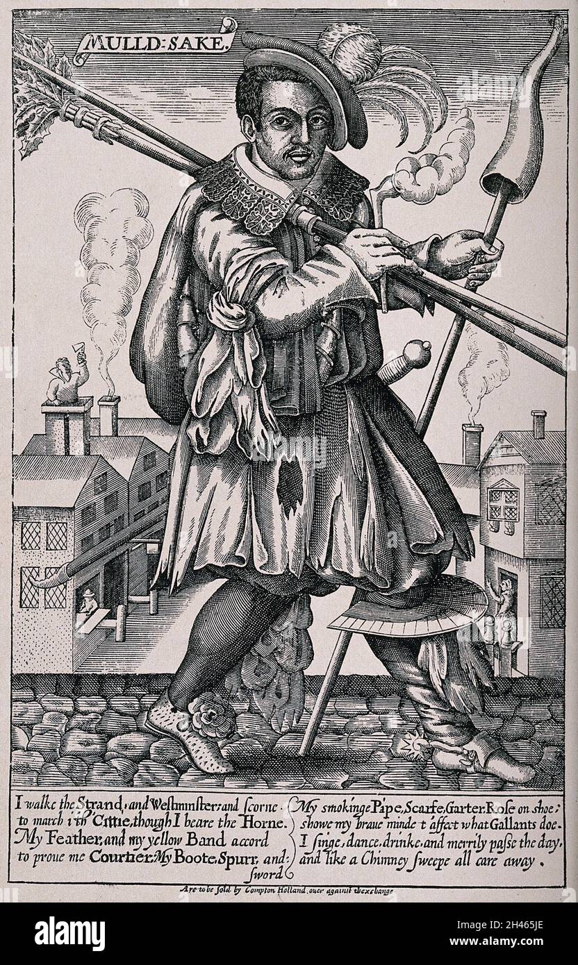 John Cottington, ein Schornsteinfeger, in aufwändiger Tracht, der mit rauchender Pfeife und Horn in der Hand die Straße entlang läuft, mit beschreibenden Versen. Linienblock, 18--, nach Gravur, c. 1620. Stockfoto