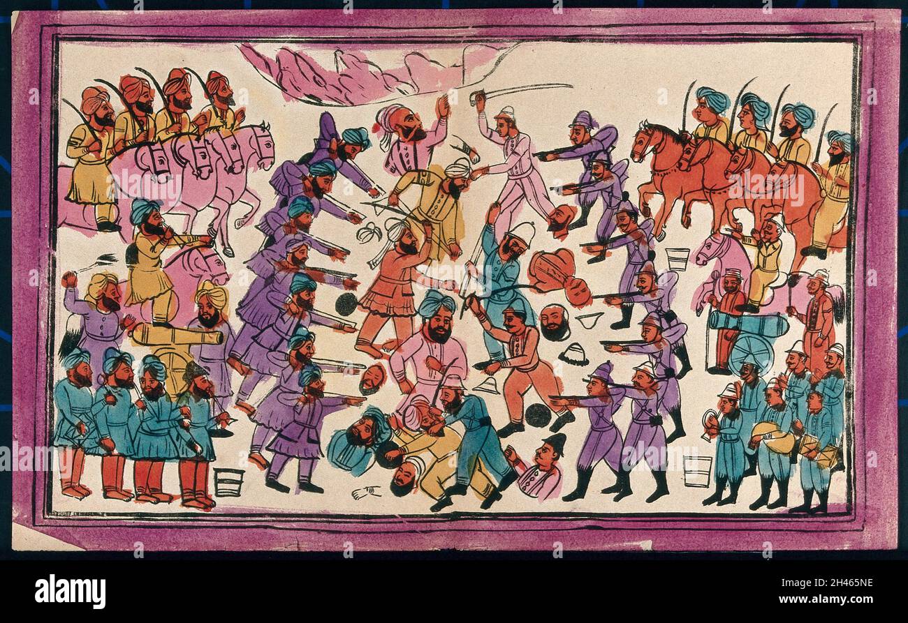 Afghanische Soldaten, die im anglo-afghanischen Krieg zwischen alliierten Truppen gefangen wurden, 1839-42. Farbige Transferlithographie. Stockfoto