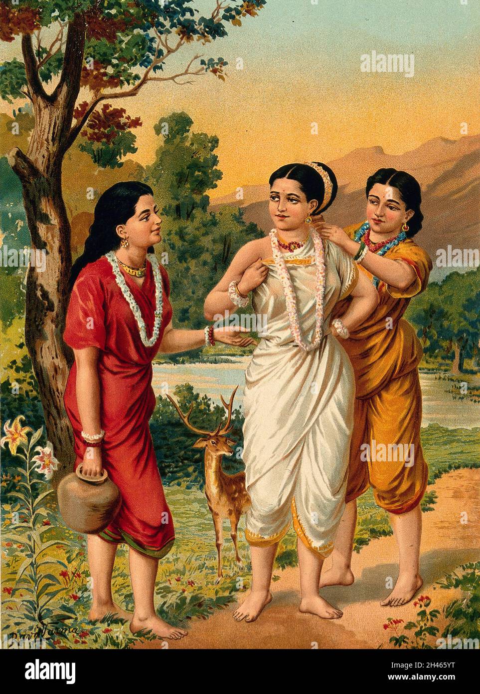 Shakuntala und ihre Freunde. Chromolithograph von R. Varma