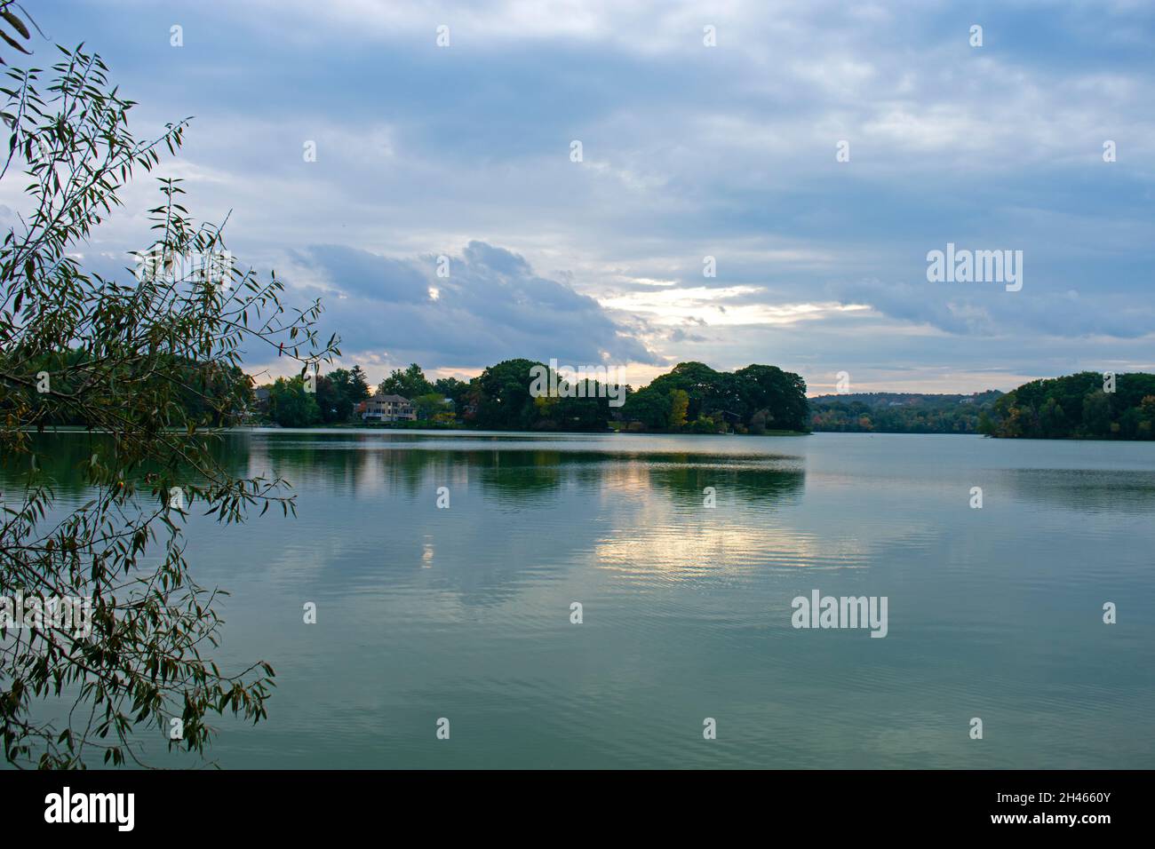 Wolken und Bäume spiegeln sich an einem bewölkten Herbsttag -02 auf den stillen Gewässern von Spy Pond in Arlington, Massachusetts Stockfoto