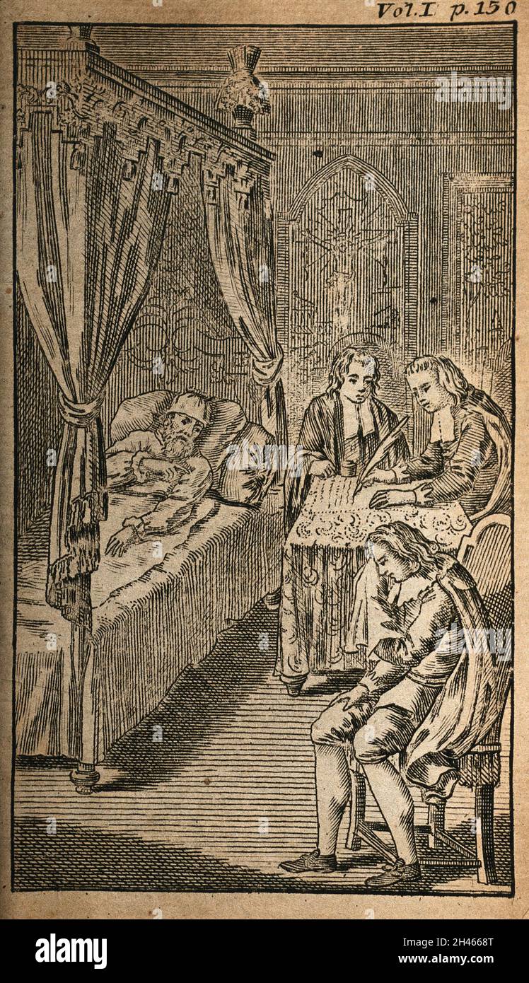 Ein sterbender Mann, der seinen Willen zu Anwälten macht, während ein Verwandter weint. Liniengravur. Stockfoto