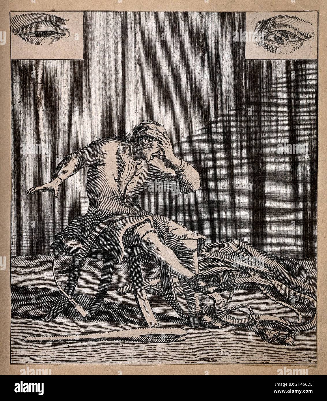 Ein Mann in einer Werkstatt mit einer Hand über den Augen in Angst, während ein scharfes Werkzeug mit der anderen Hand fallen; zwei Details von Augen erscheinen in den oberen Ecken. Liniengravur. Stockfoto
