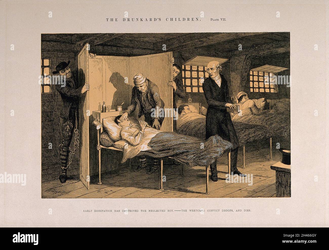 Ein Gefangener liegt im Sterben in seinem Bett, sein Leben ruiniert durch frühe Frivolität. Radierung von G. Cruikshank, 1848, nach sich selbst. Stockfoto