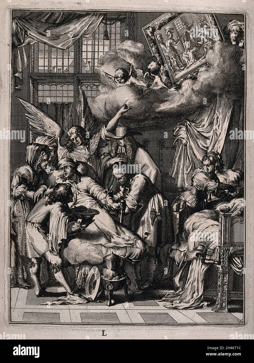 Blut wird von einem sterbenden Mann gelassen, während ein Engel auf ein Bild der Flagellation zeigt. Ätzen. Stockfoto