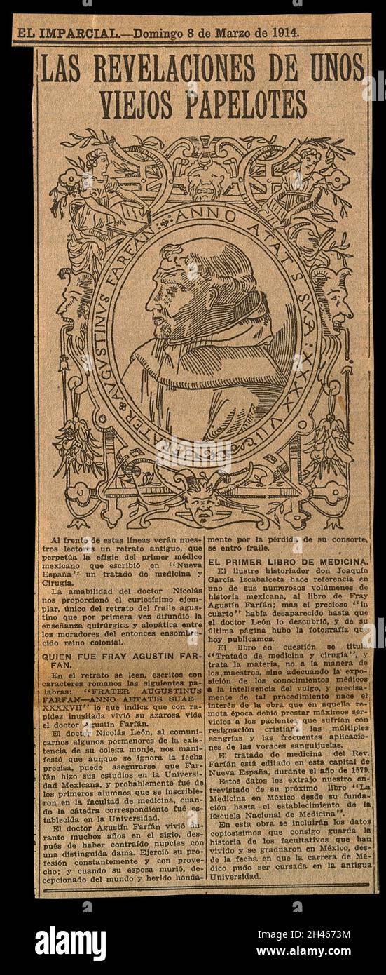 Augustin Farfán. Prozessdruck, 1914, nach einem Holzschnitt, und Buchdruck. Stockfoto