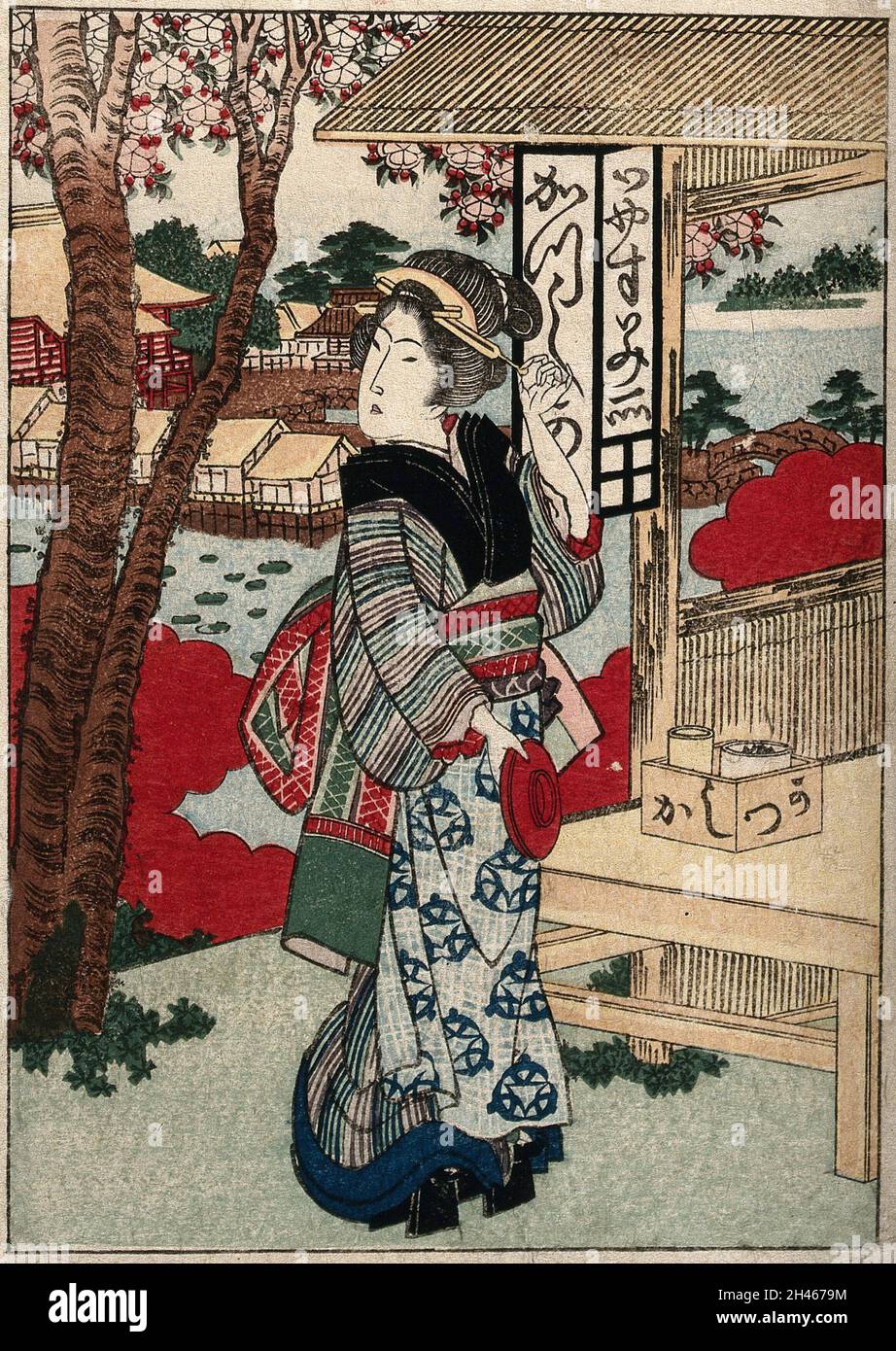 Eine Kellnerin im Teehaus. Kolorierter Holzschnitt von Gakutei, ca. 1840 (?). Stockfoto