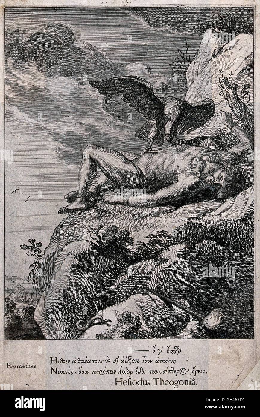 Prometheus an einen Felsen gebunden, seine Leber wurde von einem Adler gefressen und seine Fackel fiel ihm aus der Hand. Gravur mit Radierung. Stockfoto