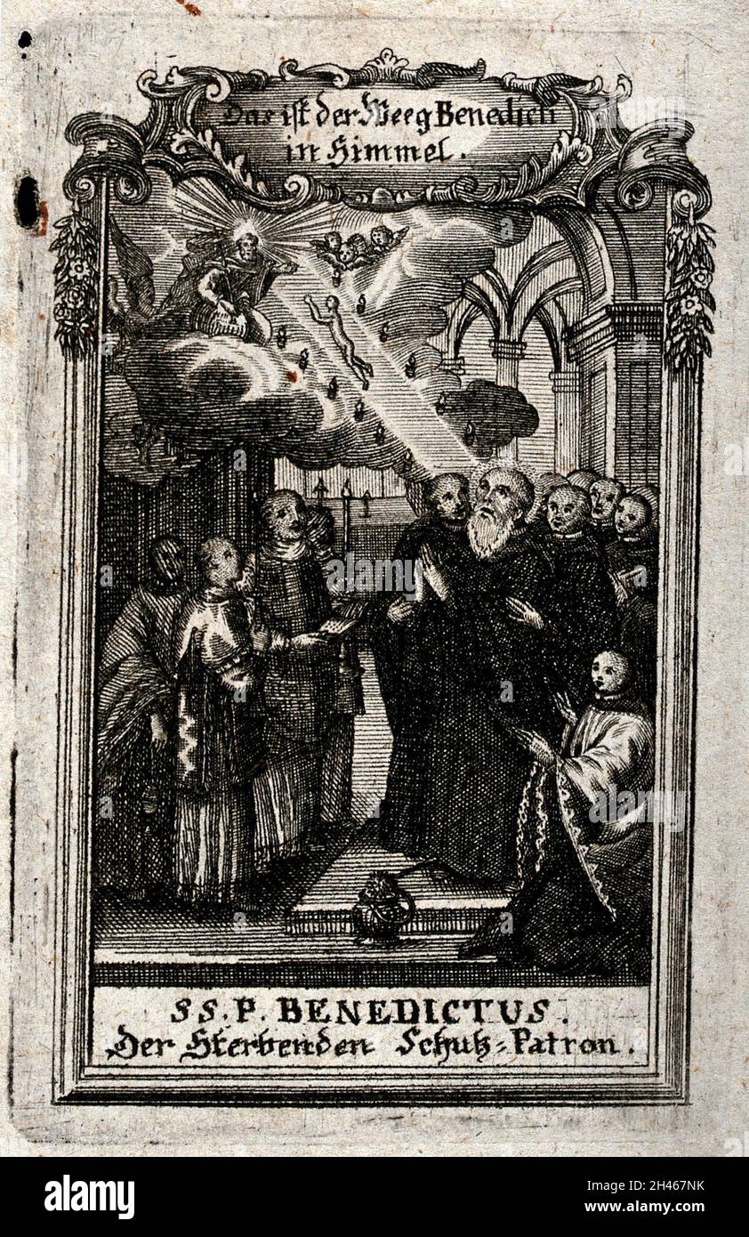 Der heilige Benedikt: Seine Seele steigt in den Himmel als Zeichen seiner Schirmherrschaft für die Sterbenden. Liniengravur, 17--. Stockfoto