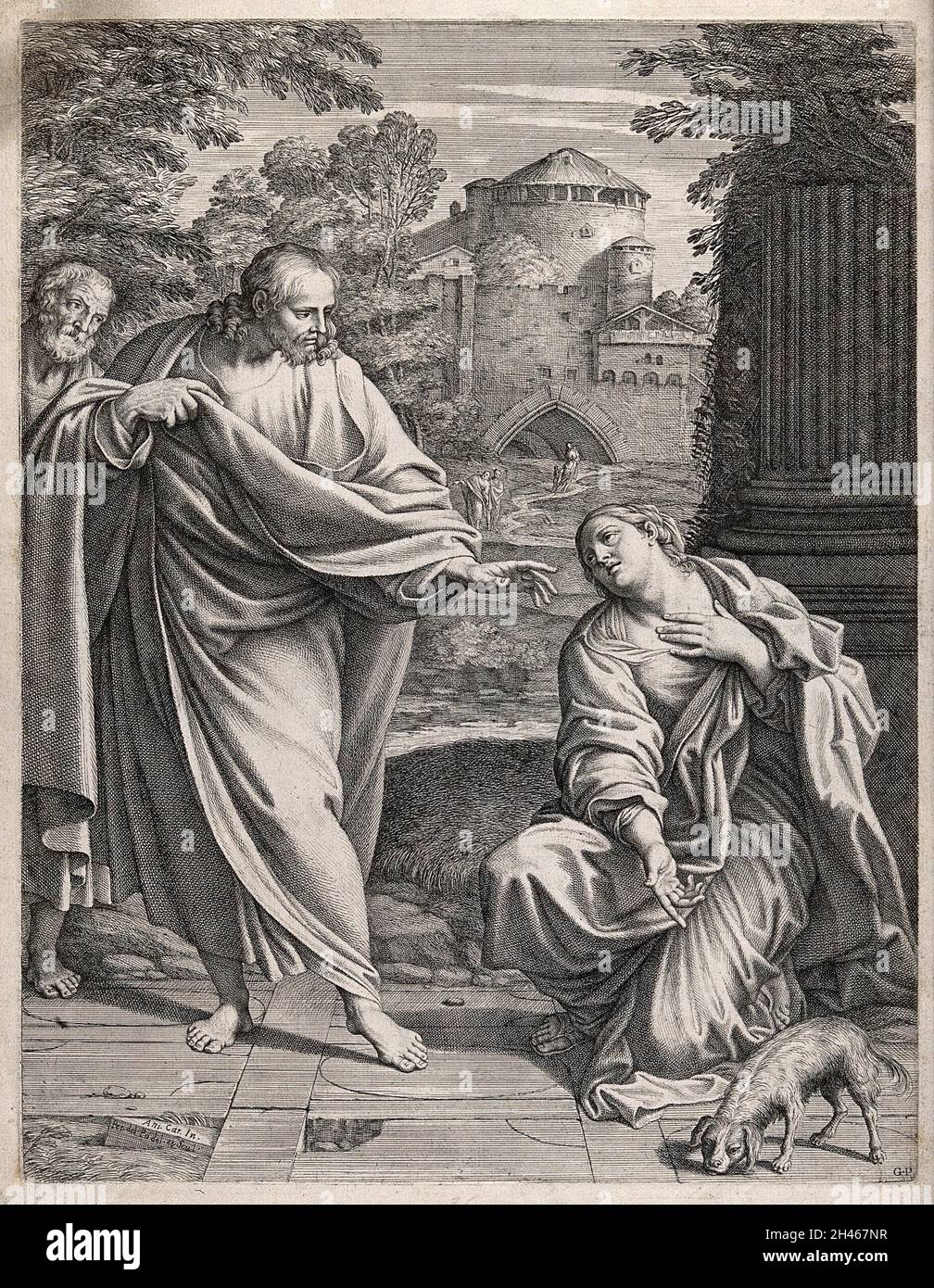 Die kanaanäische (oder syrophoönizische) Frau bittet Christus, ihre besessene Tochter zu heilen; sie zeigt auf einen Hund, mit dem sie sich vergleicht. Radierung von P. del Po nach Annibale Carracci. Stockfoto