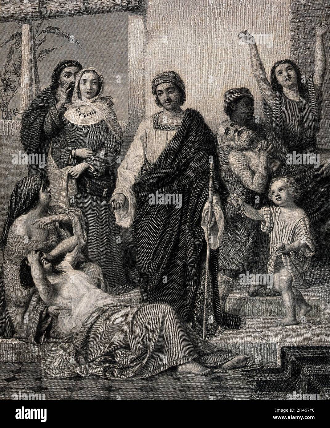 Job Almosen an die Kranken geben. Stich von H. Bourne, 1862, nach W.C.T. Dobson. Stockfoto