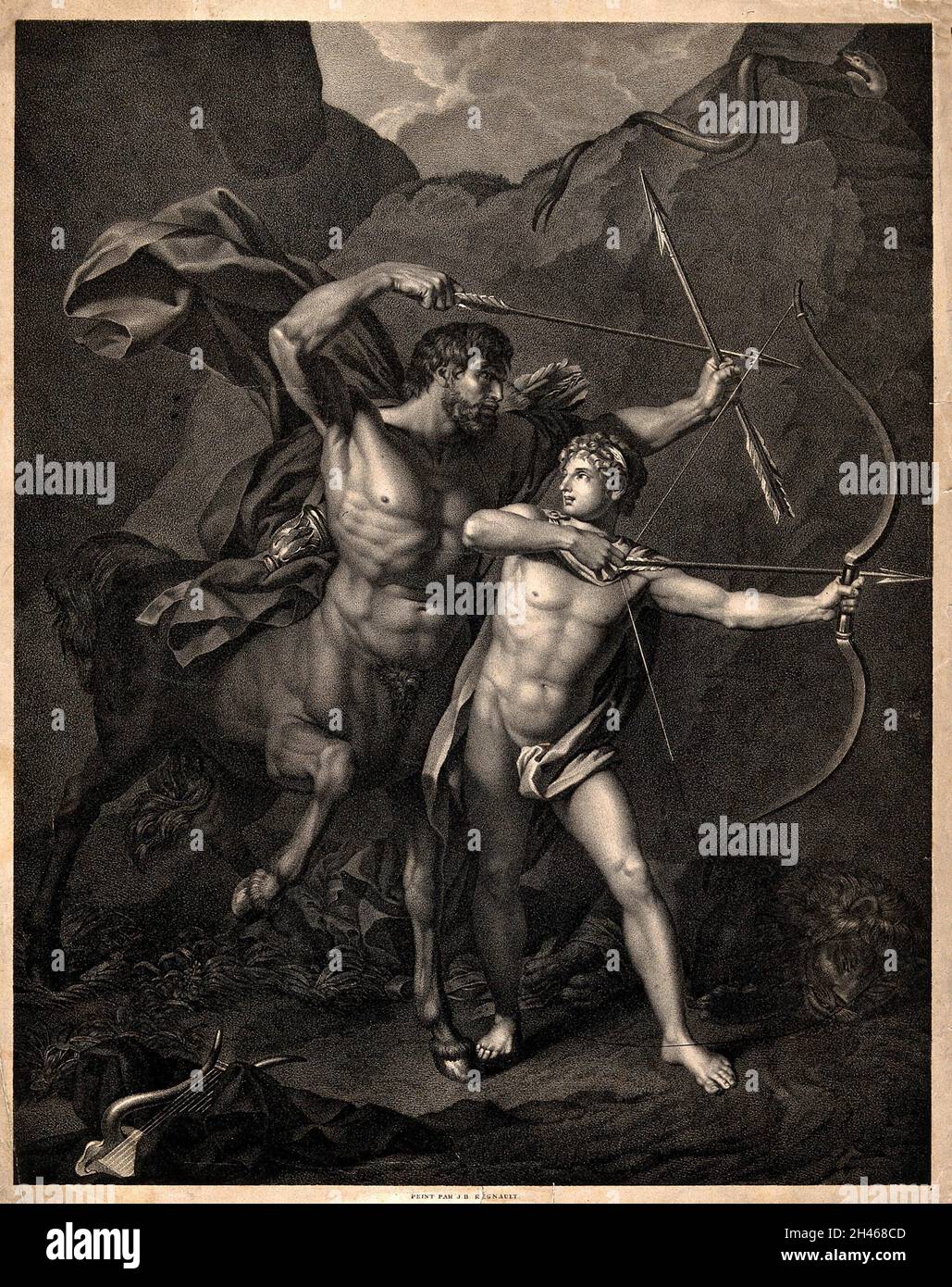 Chiron, der Zentaur, lehrt Achilles, einen Pfeil und Bogen zu benutzen. Lithographie nach J.B. Regnault. Stockfoto