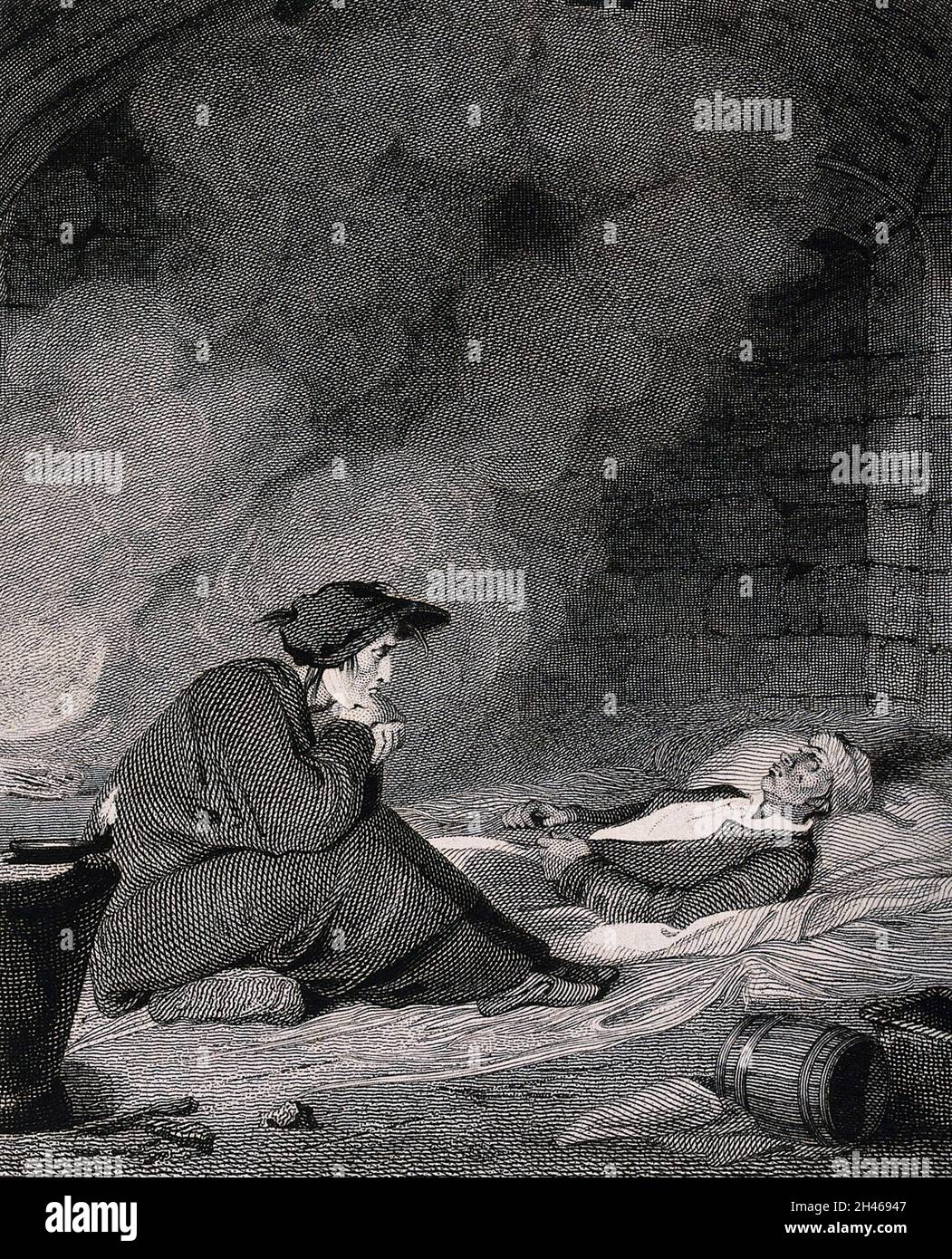 Ein Mann sitzt auf dem Boden neben einem sterbenden Mann. Gravur. Stockfoto