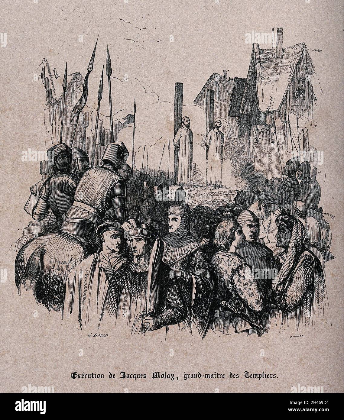 Jacques de Molay, der letzte Großmeister der Tempelritter, verbrannte in Paris lebend als verfallender Ketzer. Holzstich von J. David. Stockfoto