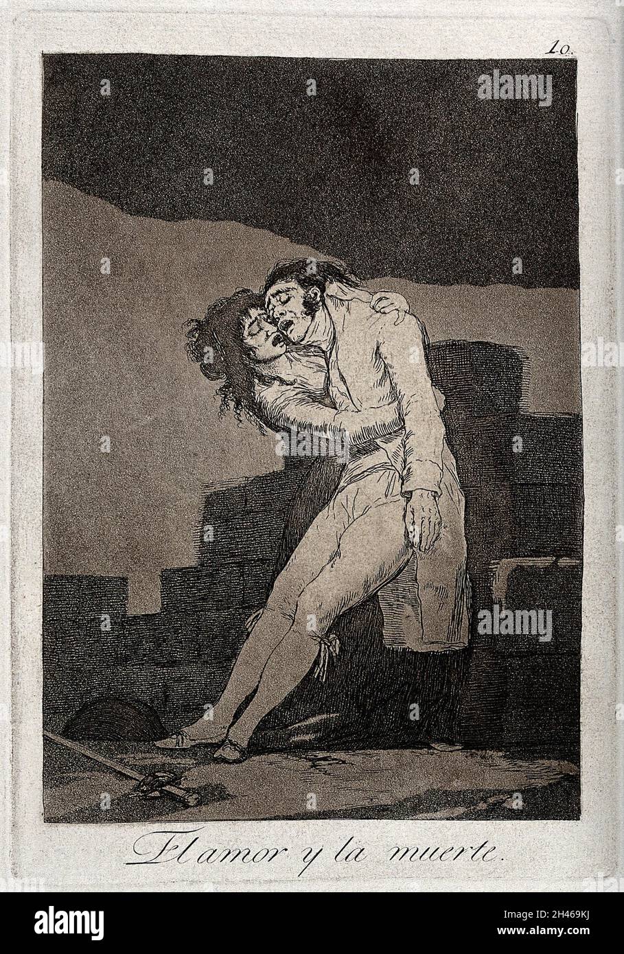 Eine Frau hält ihren sterbenden Geliebten, ein Schwert liegt ihm zu Füßen. Aquatint von F. Goya, 1812/1888. Stockfoto