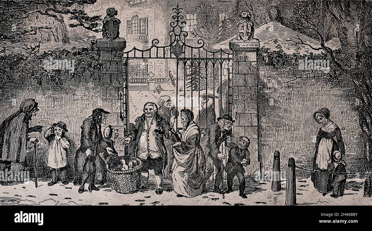 Ein englischer Herr steht vor den offenen Toren seines Herrenhauses und verteilt den Armen, die sich versammelt haben, Essen. Radierung von R. Seymour. Stockfoto