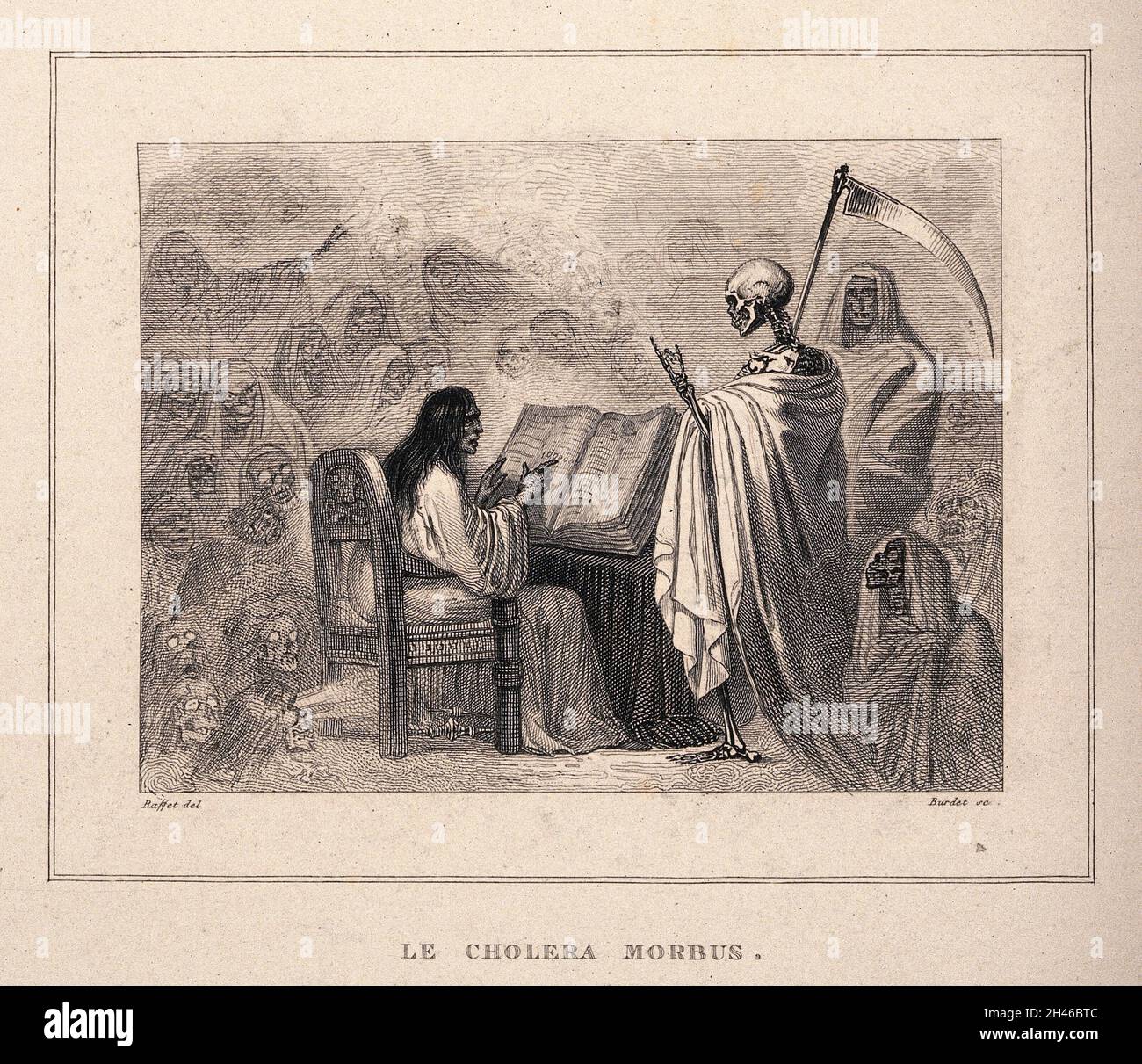 Eine Allegorie der Cholera-Mortalität. Radierung von A. Burdet nach A. Raffet. Stockfoto