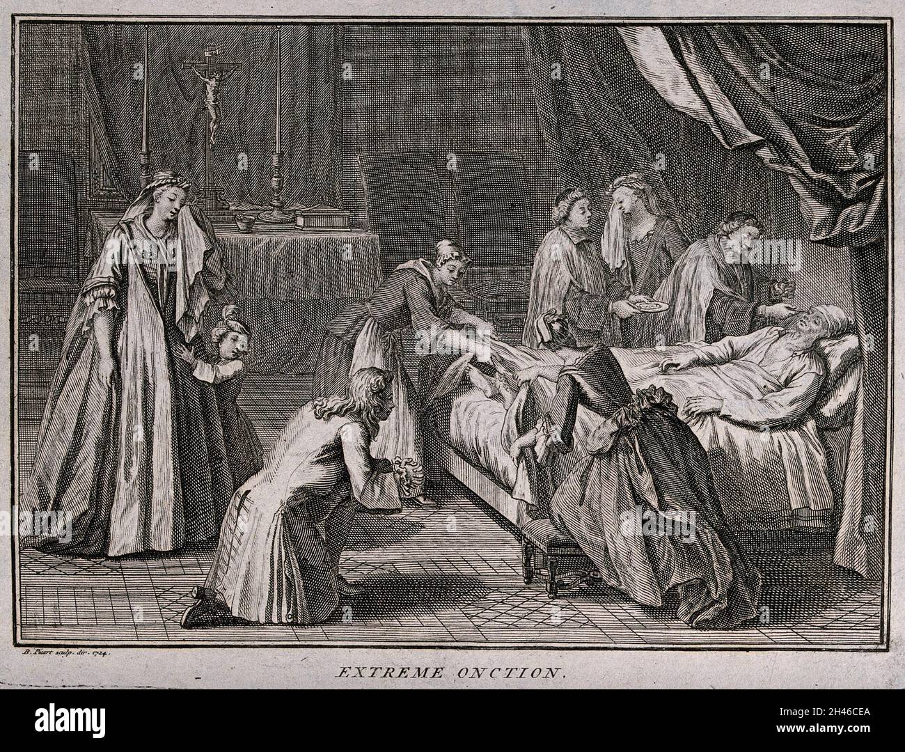 Ein Priester, der einem sterbenden Mann in einem Schlafraum mit einem provisorischen Altar eine extreme Salbung verabreichte. Radierung von B. Picart, 1724. Stockfoto