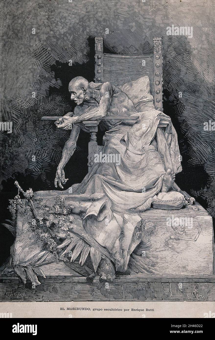 Ein sterbender Mann, der auf einem großen Stuhl sitzt, beugt sich über das Heilige Kreuz und greift mit der rechten Hand zur Erde, wo blühende Zweige liegen. Holzstich von A. Centenari nach A. Riera nach E. Butti, 1884. Stockfoto