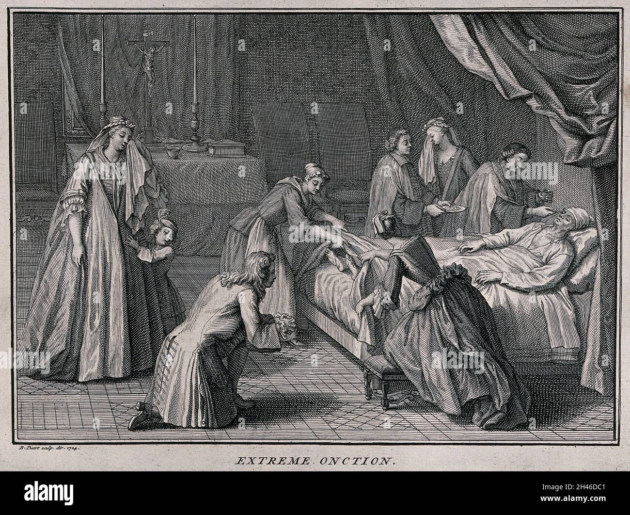 Ein Priester, der einem sterbenden Mann in einem Schlafraum mit einem provisorischen Altar eine extreme Salbung verabreichte. Radierung von B. Picart, 1724. Stockfoto