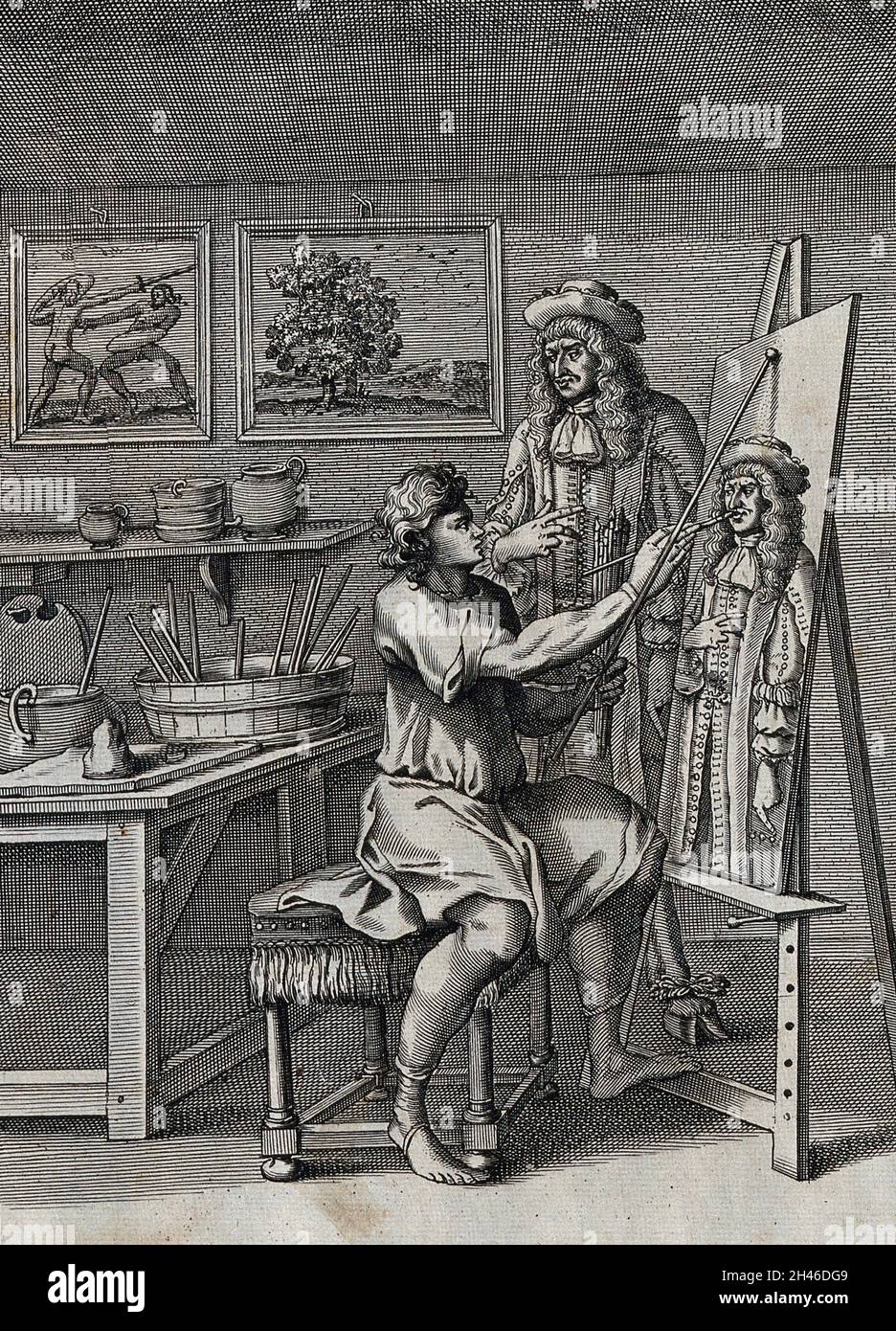 Ein Künstler malt das Porträt eines Cloven-footed Adligen; Illustration einer Fabel. Ätzen. Stockfoto