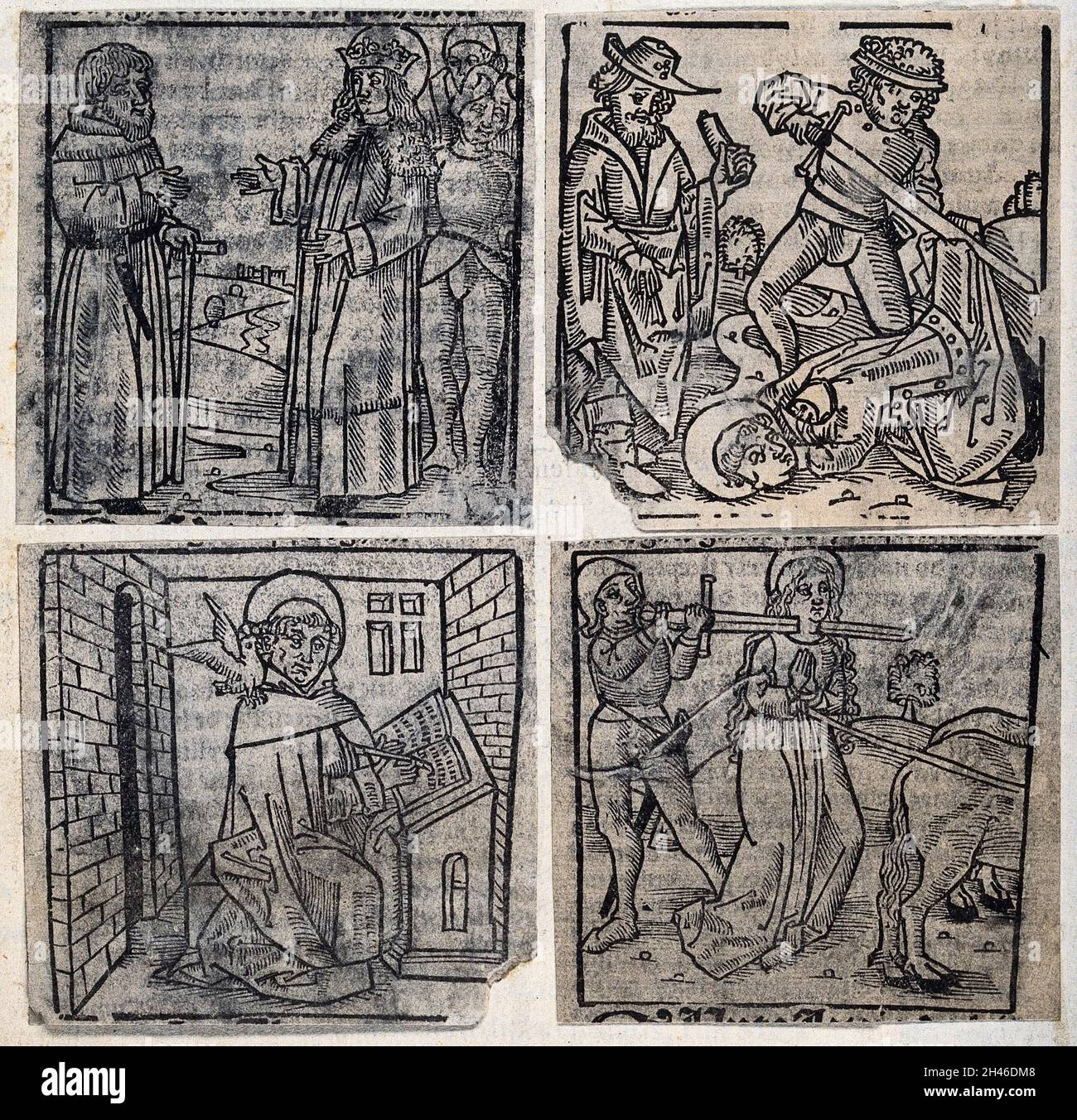 St. Thomas von Aquin; St. Antonius der große Gruß St. Louis von Toulouse (?); Martyrium eines männlichen heiligen; Martyrium der Heiligen Lucy. Holzschnitte. Stockfoto St. Thomas von Aquin; St. Antonius der große Gruß St. Louis von Toulouse (?); Martyrium eines männlichen heiligen; Martyrium der Heiligen Lucy. Holzschnitte. Stockfoto