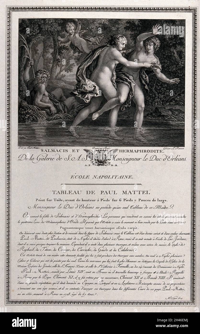 Hermaphroditus im Teich der Frühlingsnymphe Salmacis, die die Götter gebeten hat, sie für alle Zeiten zusammenzuschließen; die Götter traten ein und sie wurden eins, männlich und weiblich. Stich von A. Romanet nach Boul nach Paolo de Matteis. Stockfoto Hermaphroditus im Teich der Frühlingsnymphe Salmacis, die die Götter gebeten hat, sie für alle Zeiten zusammenzuschließen; die Götter traten ein und sie wurden eins, männlich und weiblich. Stich von A. Romanet nach Boul nach Paolo de Matteis. Stockfoto