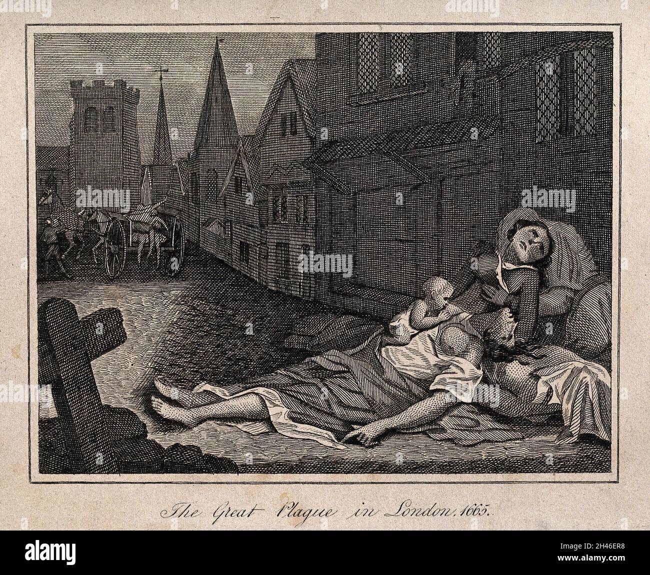 Zwei Frauen, die während der großen Pest 1665 in einer Londoner Straße tot liegen, eine mit einem noch lebenden Kind. Radierung nach R. Pollard II. Stockfoto
