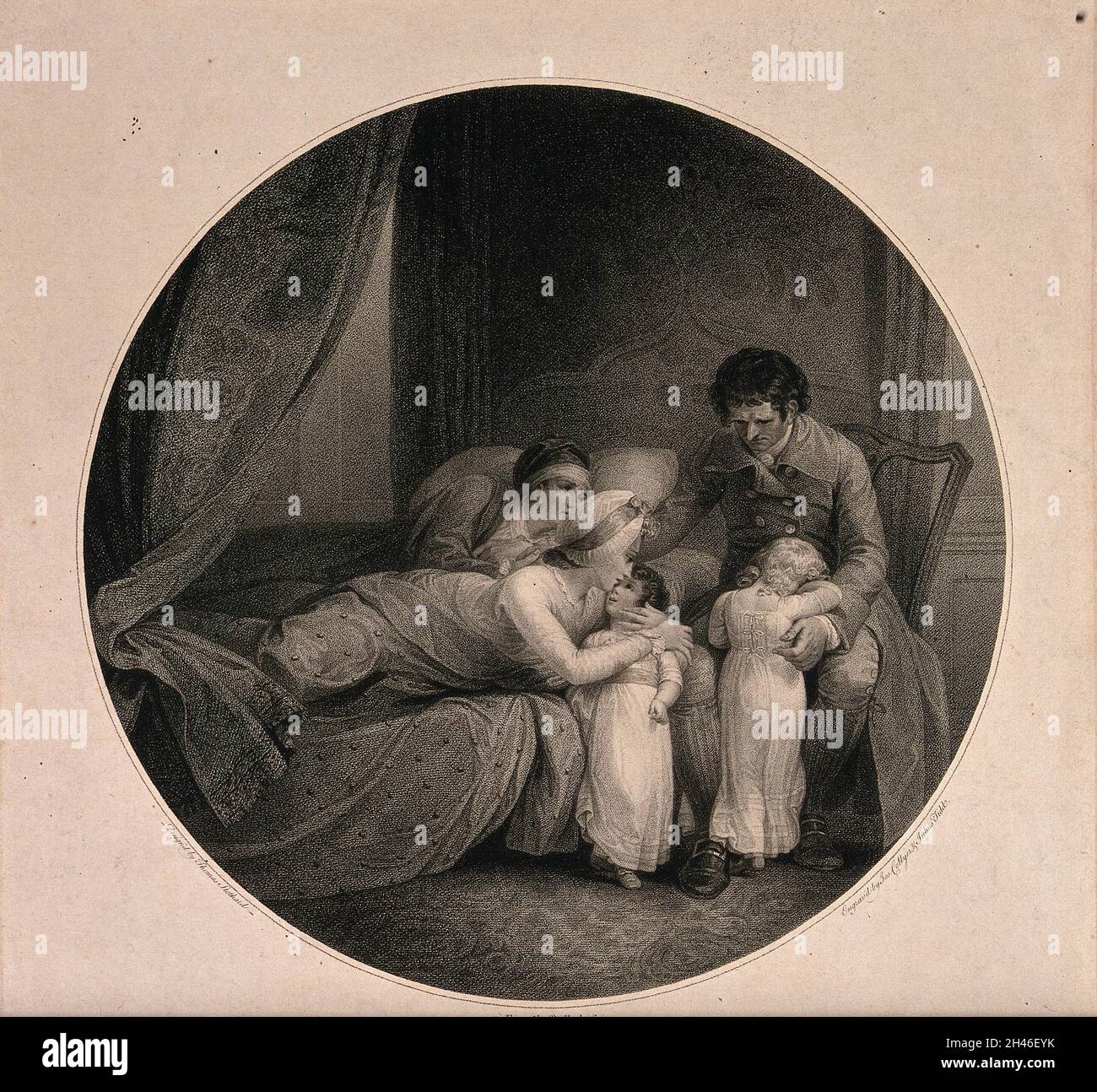 Sterbende Eltern lassen ihre Kinder auf ihrem Sterbebett und lassen sie in der Obhut ihres Onkels. Kupferstich von J. Collyer und J. Tidd nach T. Stothard, 1786. Stockfoto