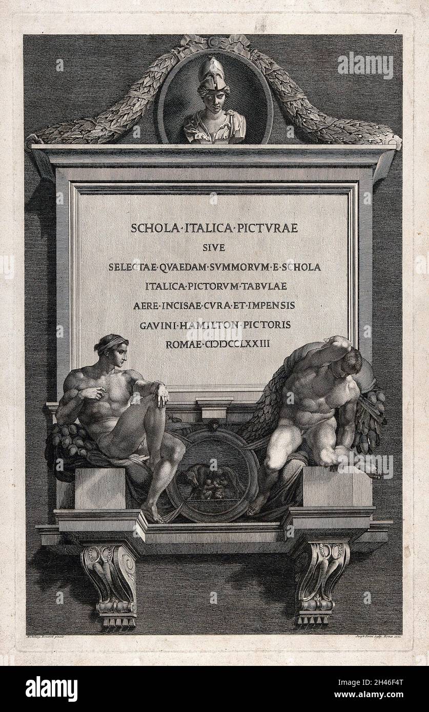 Eine auf Stein gemeißelte Inschrift mit Marmorstatuen von Michelangelo einschließlich Romulus und Remus. Stich von J. Perini, 1771, nach Michelangelo. Stockfoto