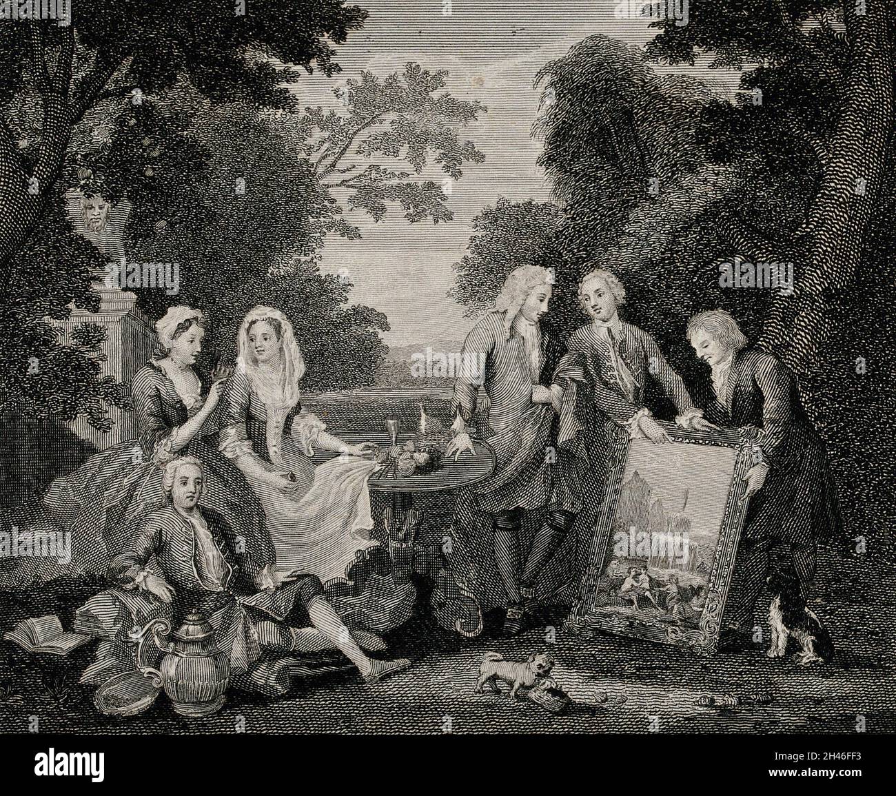 Eine Gruppe weiblicher und männlicher Figuren in einer Landschaft, die ein Gemälde studiert. Gravur. Stockfoto Eine Gruppe weiblicher und männlicher Figuren in einer Landschaft, die ein Gemälde studiert. Gravur. Stockfoto