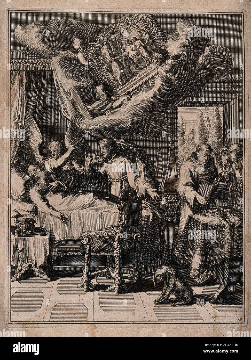 Ein sterbender Mann erhält die letzten Riten von zwei Franziskanermönchen. Ätzen. Stockfoto