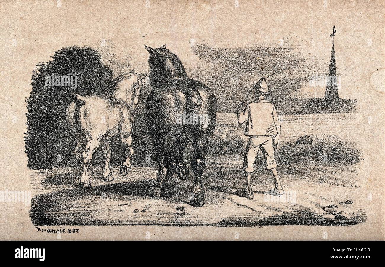 Ein Junge in Clogs treibt mit seiner Rute zwei Pferde. Kreidelithographie, 1822. Stockfoto