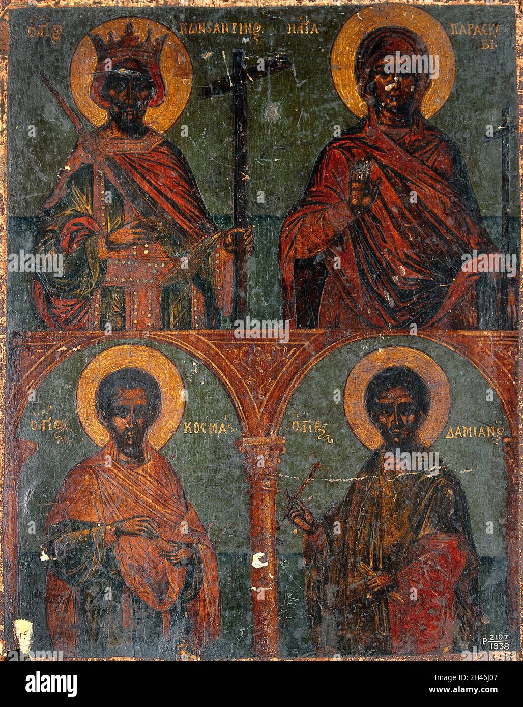 Hl. Konstantin, hl. Paraskeva, hl. Cosmas und hl. Damian. Temperamalerei. Stockfoto