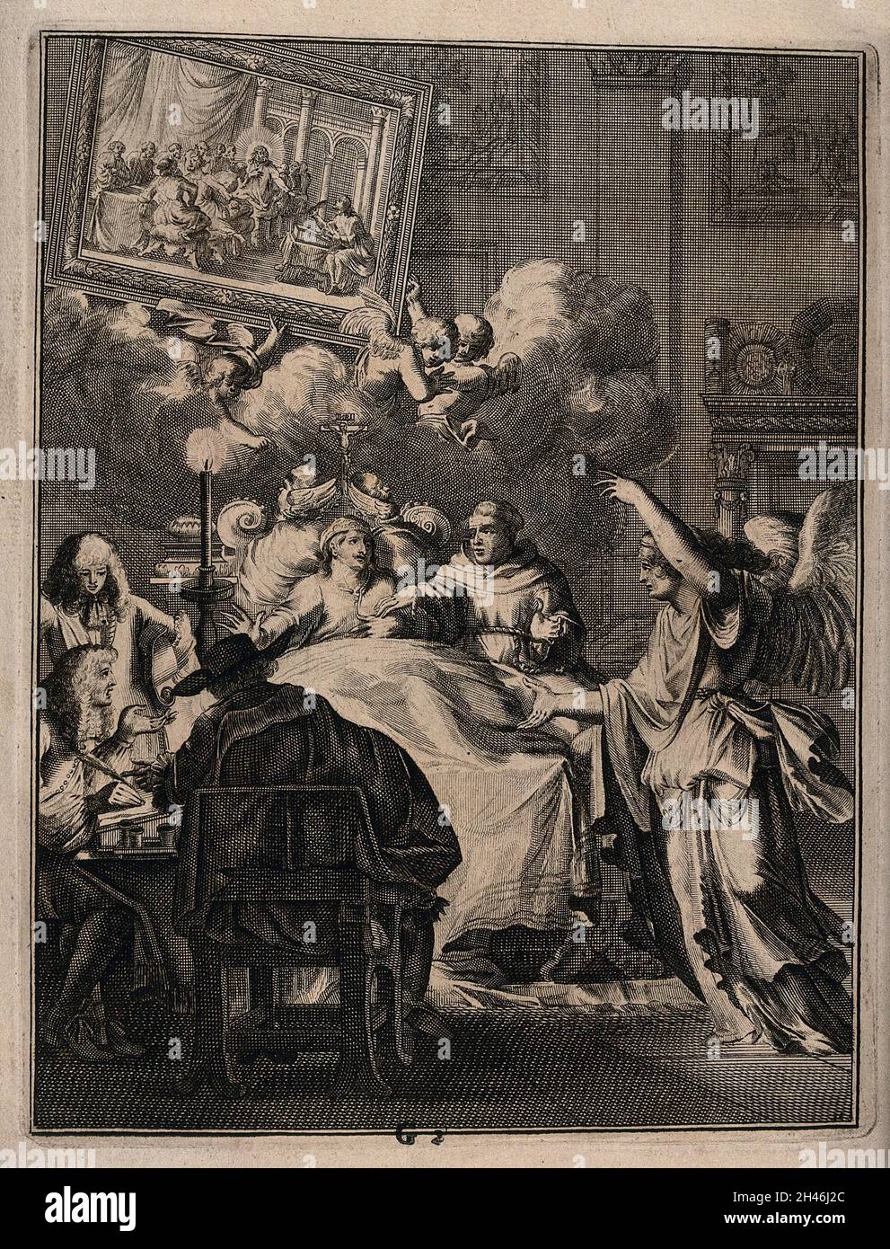 Ein sterbender Mann diktiert seinen letzten Willen. Ätzen. Stockfoto