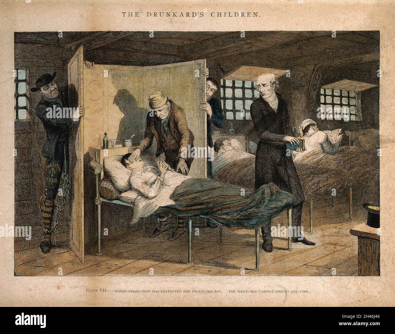 Ein Gefangener liegt im Sterben in seinem Bett, sein Leben ruiniert durch frühere Frivolität. Farbige Radierung von G. Cruikshank, 1848, nach sich selbst. Stockfoto
