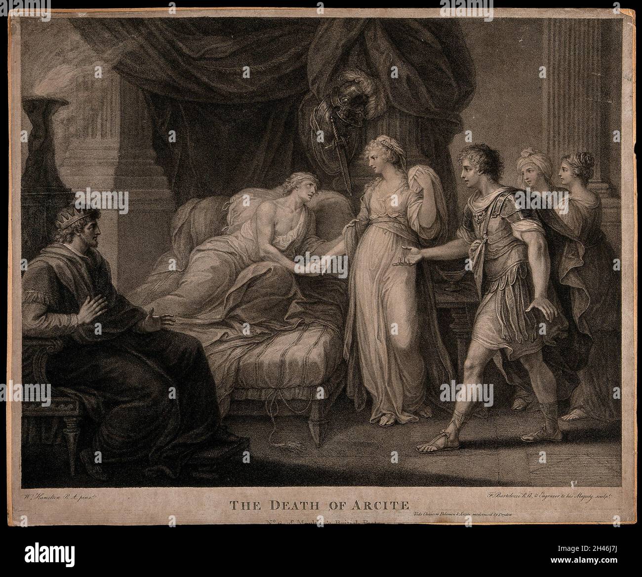Der Tod von Arcite: Der sterbende Arcite liegt auf dem Bett und hält die Hand einer jungen Dame, umgeben von einem König, Dienern und einem Freund in Rüstung. Stupeldruck von F. Bartolozzi nach W. Hamilton. Stockfoto